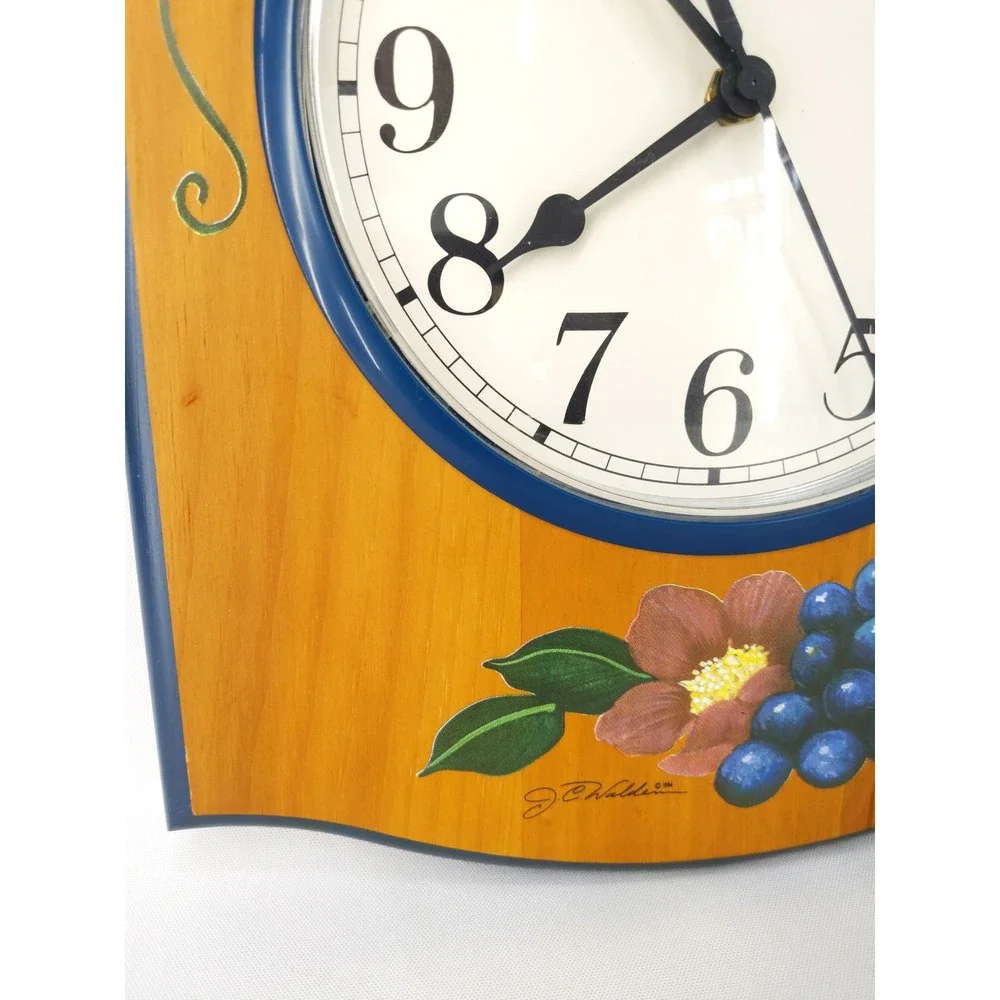 vtg Sunbeam Wood Wall Clock Brown Blue Fruit Floral J.C. Walden 1994 20